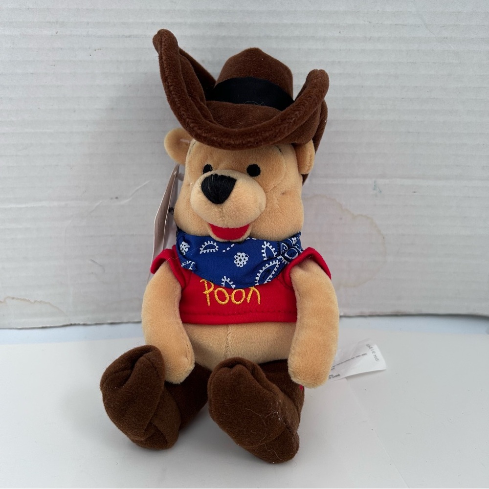 Disney 8” mini bean bag cowboy Winnie the Pooh plush with Blue Bandana